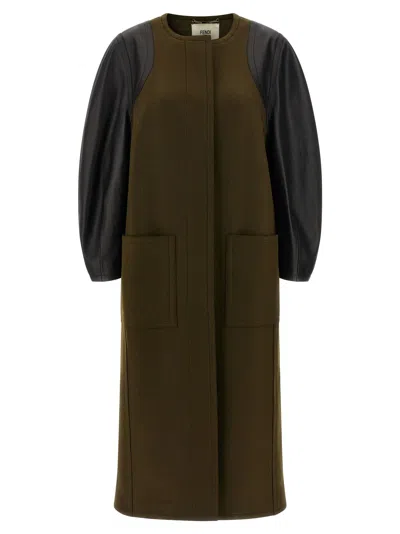 Fendi Green Wool Midi Coat With Leather Sleeves In Multi