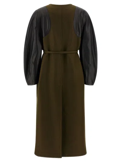 Fendi Green Wool Midi Coat With Leather Sleeves In Multi