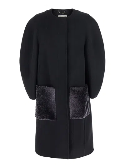 Fendi Women Black Crewneck Coat With Puffed Sleeves And Two Front Shearling Pockets In Wool Blend Wo In Black