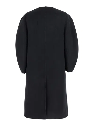 Fendi Women Black Crewneck Coat With Puffed Sleeves And Two Front Shearling Pockets In Wool Blend Wo In Black