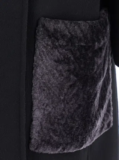 Fendi Women Black Crewneck Coat With Puffed Sleeves And Two Front Shearling Pockets In Wool Blend Wo In Black