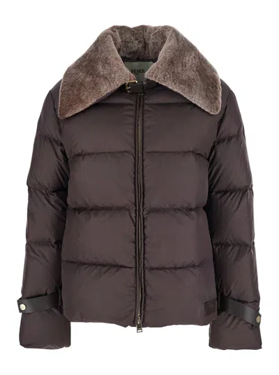 Fendi Women Brown Down Jacket With Shearling Collar And Logo Patch On The Front In Tech Fabric Woman In Brown