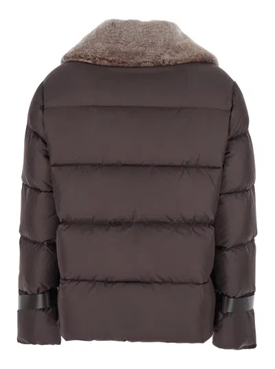 Fendi Women Brown Down Jacket With Shearling Collar And Logo Patch On The Front In Tech Fabric Woman In Brown