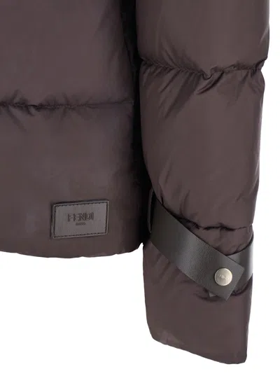 Fendi Women Brown Down Jacket With Shearling Collar And Logo Patch On The Front In Tech Fabric Woman In Brown