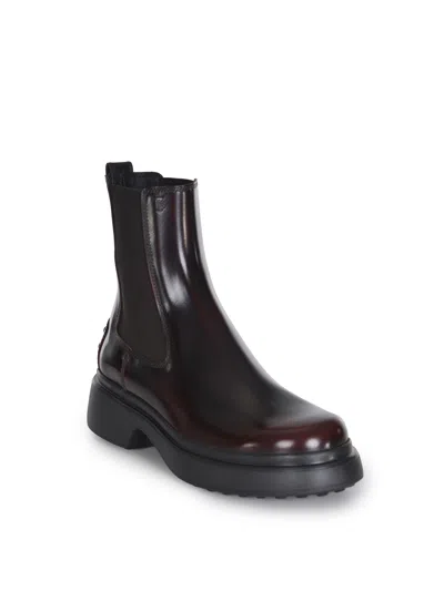Tod's Burgundy Brown Ankle Boots With Elastic Sides In Brown