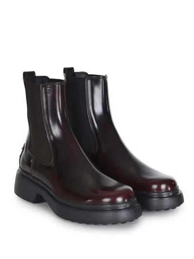 Tod's Burgundy Brown Ankle Boots With Elastic Sides In Brown