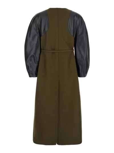 Fendi Green Wool Midi Coat With Leather Sleeves In Multi