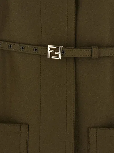 Fendi Green Wool Midi Coat With Leather Sleeves In Multi