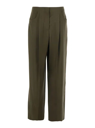 Fendi Women Green Pants With Front Pences And Wide Leg In Wool Woman In Green