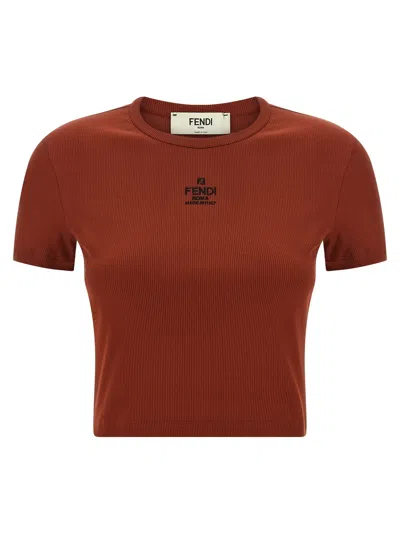 Fendi Women Brick Stretch Cotton T-shirt In Brown