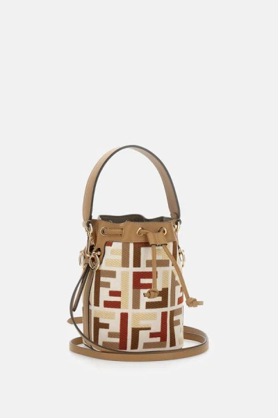 Fendi Mon Tresor Canvas Bucket Bag With Ff Embroidery In Brown