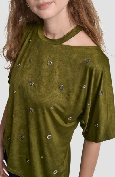 Dkny Women's Short Sleeve Grommet Detail Cutout Top In Green