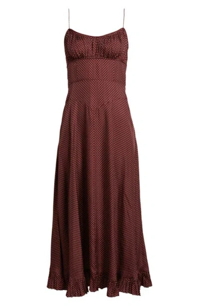 Doen Rosaria Gathered Polka-dot Silk-blend Midi Dress In Brown