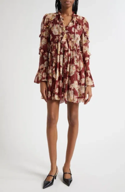 Cinq À Sept Mae Floral Print Ruffle Long Sleeve Chiffon Minidress In Brown