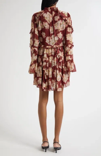 Cinq À Sept Mae Floral Print Ruffle Long Sleeve Chiffon Minidress In Brown