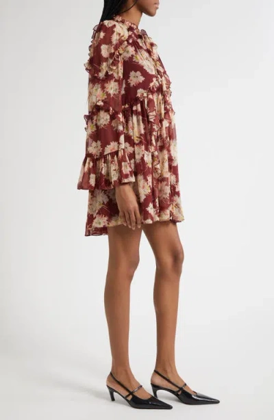 Cinq À Sept Mae Floral Print Ruffle Long Sleeve Chiffon Minidress In Brown