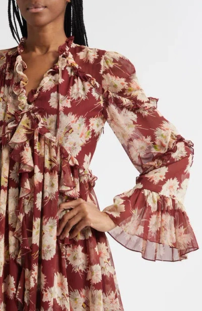 Cinq À Sept Mae Floral Print Ruffle Long Sleeve Chiffon Minidress In Brown