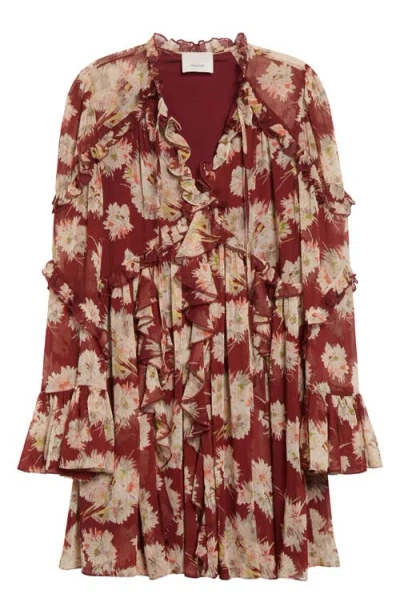 Cinq À Sept Mae Floral Print Ruffle Long Sleeve Chiffon Minidress In Brown