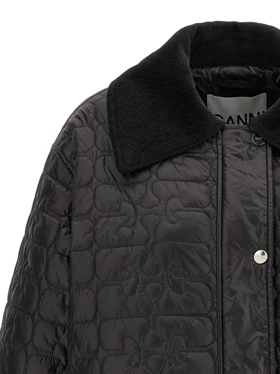 Ganni Shiny Black Quilted Midi Jacket With Pointed Collar In Black