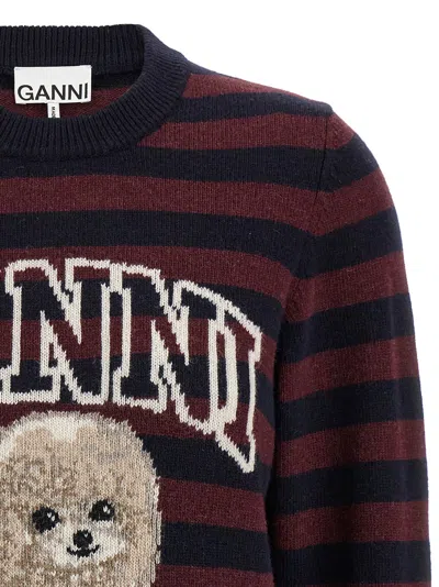 Ganni Graphic Wool Mix Poodle Stripe Crewneck Knitwear Multicolor In Multi