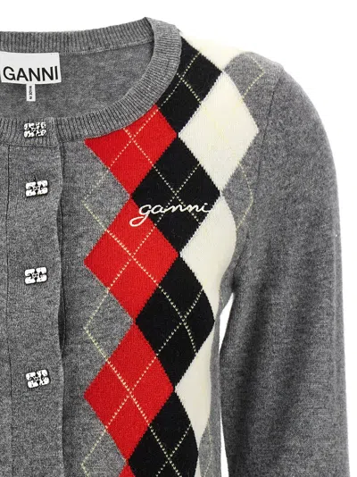 Ganni Argyle-pattern Logo-embroidered Cardigan In Multi