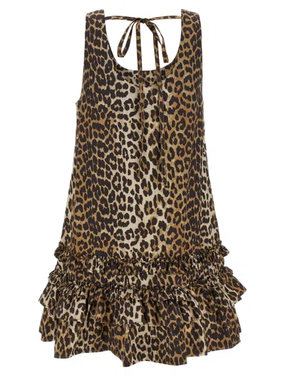Ganni Leopard Cotton Poplin Mini Dress In Brown