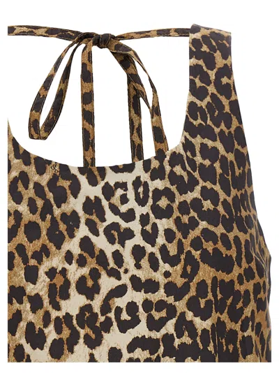 Ganni Leopard Cotton Poplin Mini Dress In Brown