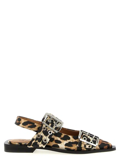 Ganni Buckle Brown Polyester Blend Ballet Flats In Animal Print