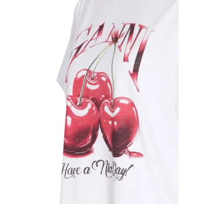 Ganni White T-shirt With Cherry Print And Logo Lettering On The Front In Cotton Woman In White
