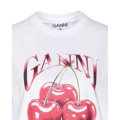Ganni White T-shirt With Cherry Print And Logo Lettering On The Front In Cotton Woman In White