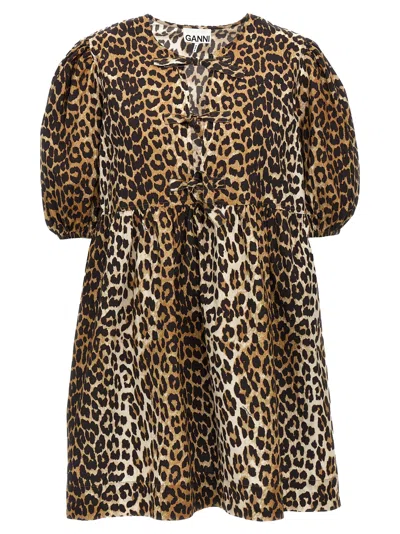 Ganni Brown Leopard Printed Cotton Tie String Minidress In Multi