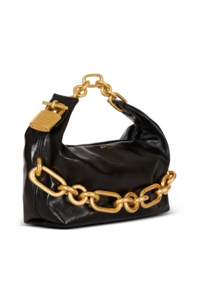 Balmain Sync Black Mini Handbag With Chain-link And Logo Plaque In Leather Woman In Black