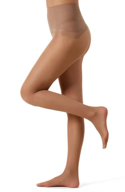 Memoi Women's Crystal Sheer Seamless Top 12-denier Pantyhose In Brown