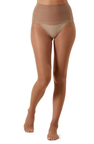 Memoi Women's Crystal Sheer Seamless Top 12-denier Pantyhose In Brown