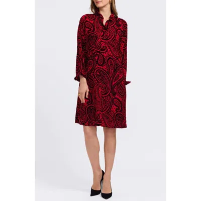 Foxcroft Tammy Velvet Paisley Collared Long Sleeve Dress In Red