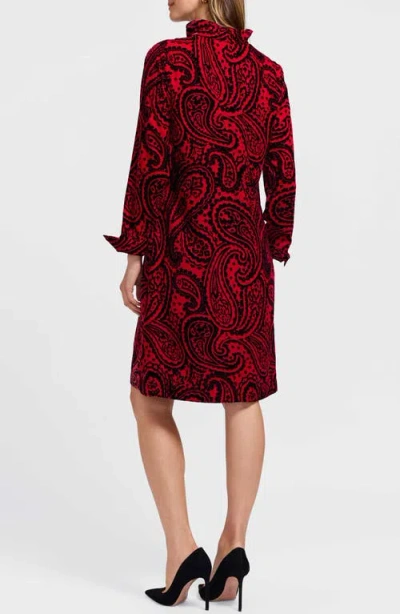 Foxcroft Tammy Velvet Paisley Collared Long Sleeve Dress In Red
