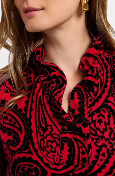 Foxcroft Tammy Velvet Paisley Collared Long Sleeve Dress In Red