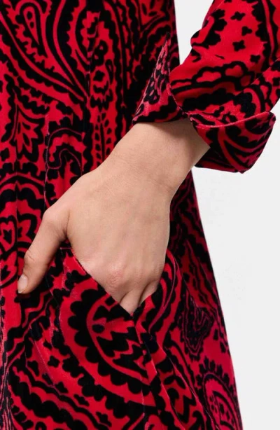 Foxcroft Tammy Velvet Paisley Collared Long Sleeve Dress In Red