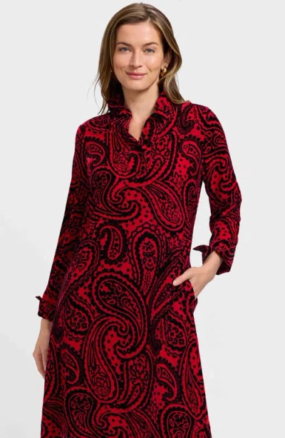 Foxcroft Tammy Velvet Paisley Collared Long Sleeve Dress In Red