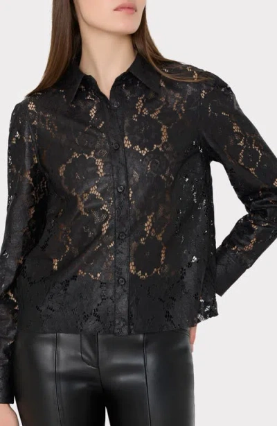 Milly Arlo Textured Lace Button Down Long Sleeve Top In Black