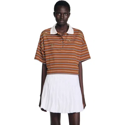 Sandro Womens Brown Striped Polo-collar Cotton-jersey T-shirt