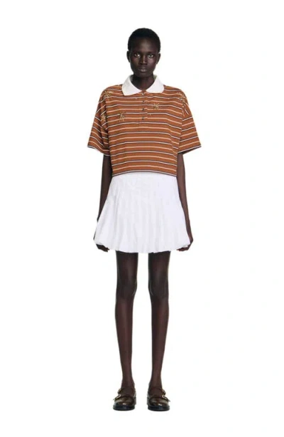 Sandro Womens Brown Striped Polo-collar Cotton-jersey T-shirt