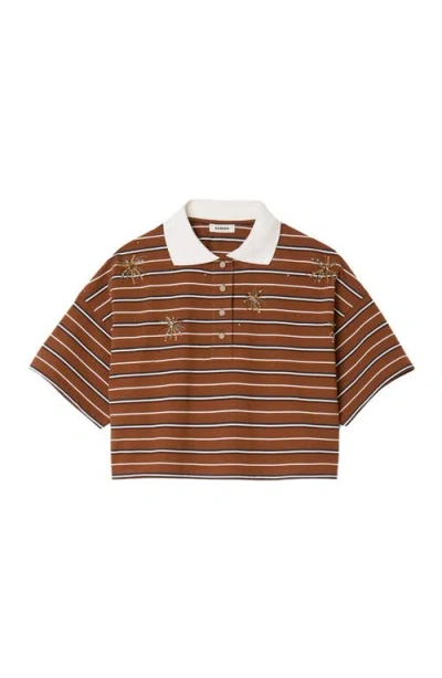 Sandro Womens Brown Striped Polo-collar Cotton-jersey T-shirt