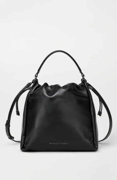 Brunello Cucinelli Bucket Mellow Leather Bucket Bag With Monili Detail In Black