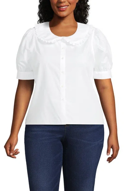 Lands' End Plus Size Carefree Cotton Puff Sleeve Statement Collar Shirt In White