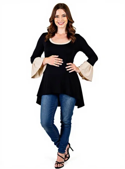 24seven Comfort Apparel Womens Sharkbite Hem Bell Sleeve Pullover Top In Black