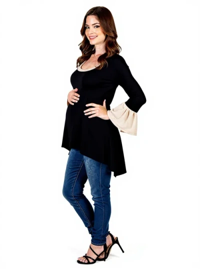24seven Comfort Apparel Womens Sharkbite Hem Bell Sleeve Pullover Top In Black