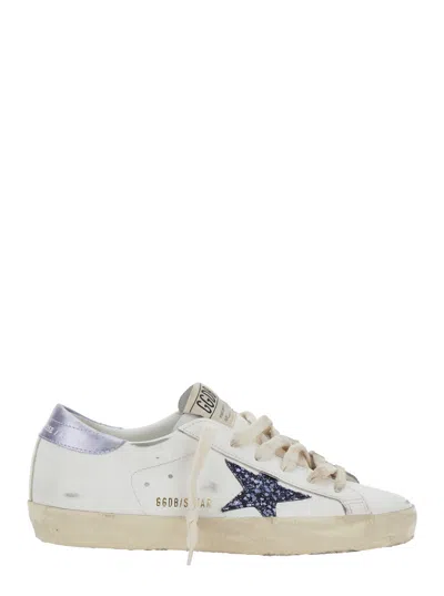 Golden Goose Super-star Sneakers In Vintage Effect Leather With Glittered Star And Glycine Leather H In White