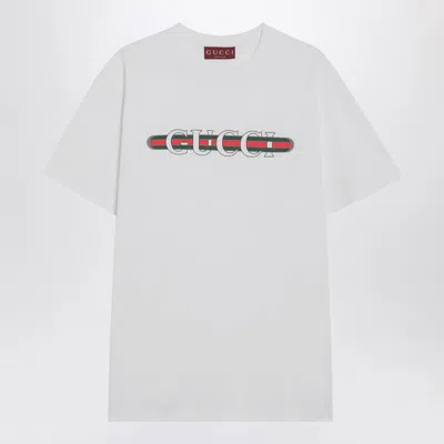 Gucci Women White Crewneck T-shirt Wth Web Print With Logo Lettering On The Front In Cotton Woman