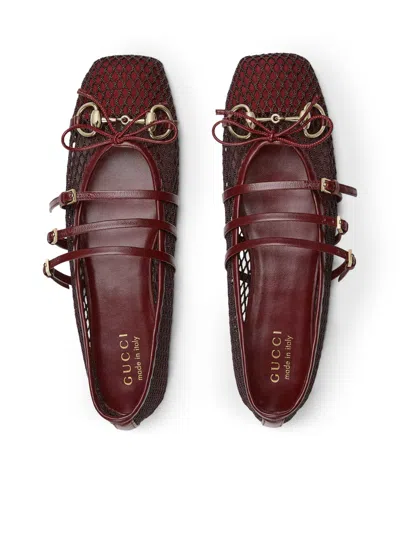 Gucci Net Nappa Triple-strap Horsebit Ballerina Flats In Burgundy